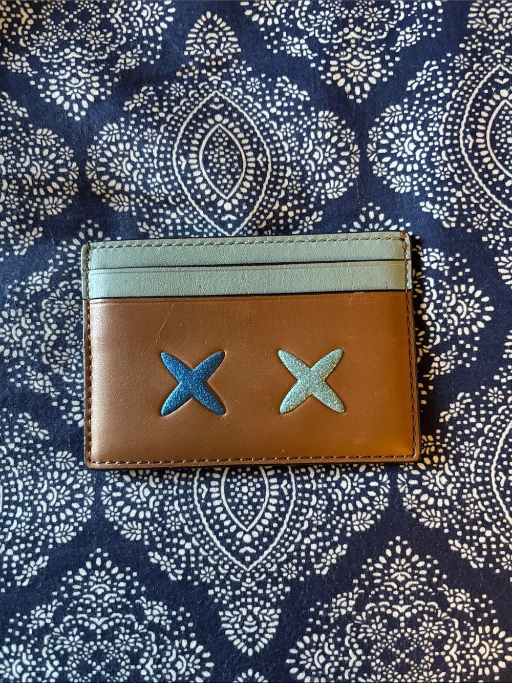 Coach Brown Leather Card Holder with Light Blue Top Slots
